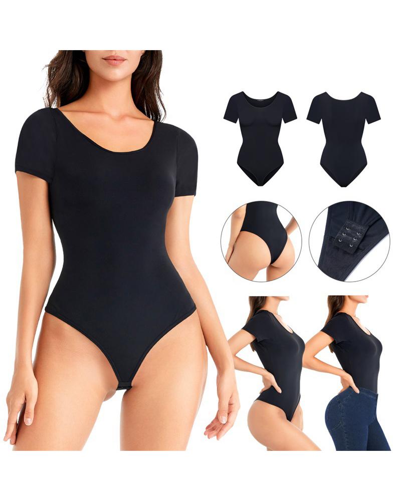 

Short Sleeve Tummy Control Crotchless Shapewear Bodysuit, Black