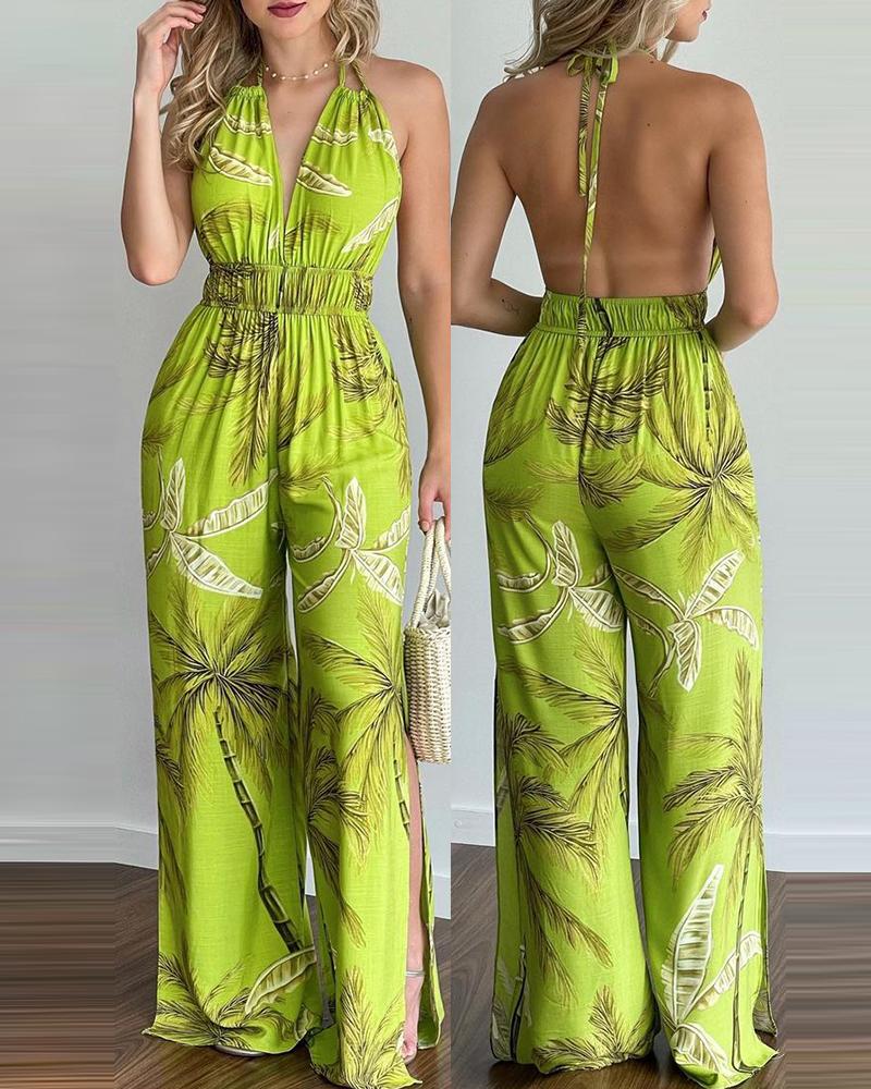 

Tropical Print Halter Backless Side Slit Jumpsuit, Green