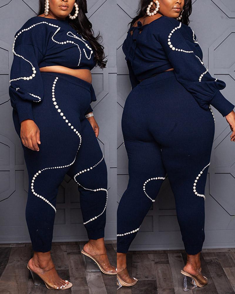 

Plus Size Beaded Decor Long Sleeve Top & Pants Set, Purplish blue
