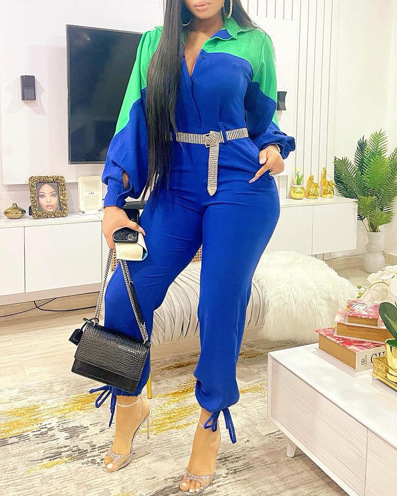 

Lantern Sleeve Colorblock Pocket Design Jumpsuit Without Belt, Blue