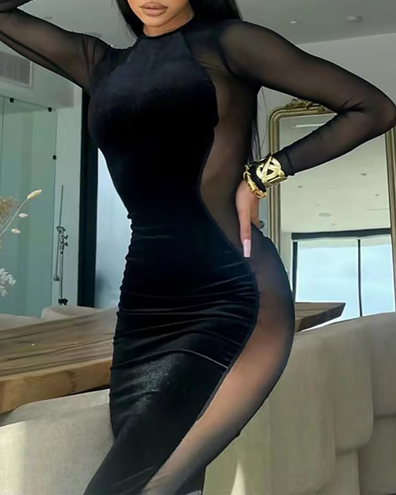 

O Neck Sheer Mesh Patch Velvet Bodycon Dress, Black