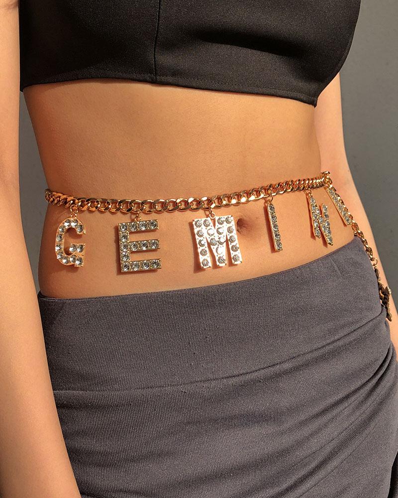 

Rhinestone Letter Decor Waist Chain, Gold