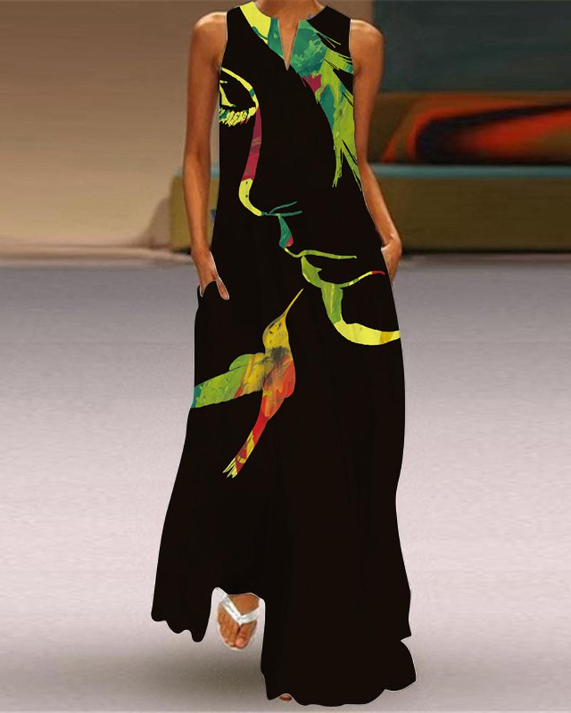 

Abstract Figure Bird Print Sleeveless Maxi Dress, Multicolor