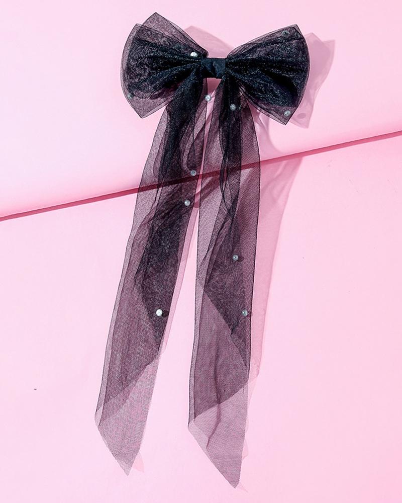 

1pcs Beaded Bowknot Ribbon Hair Clip Sheer Mesh Hair Accessory, Black