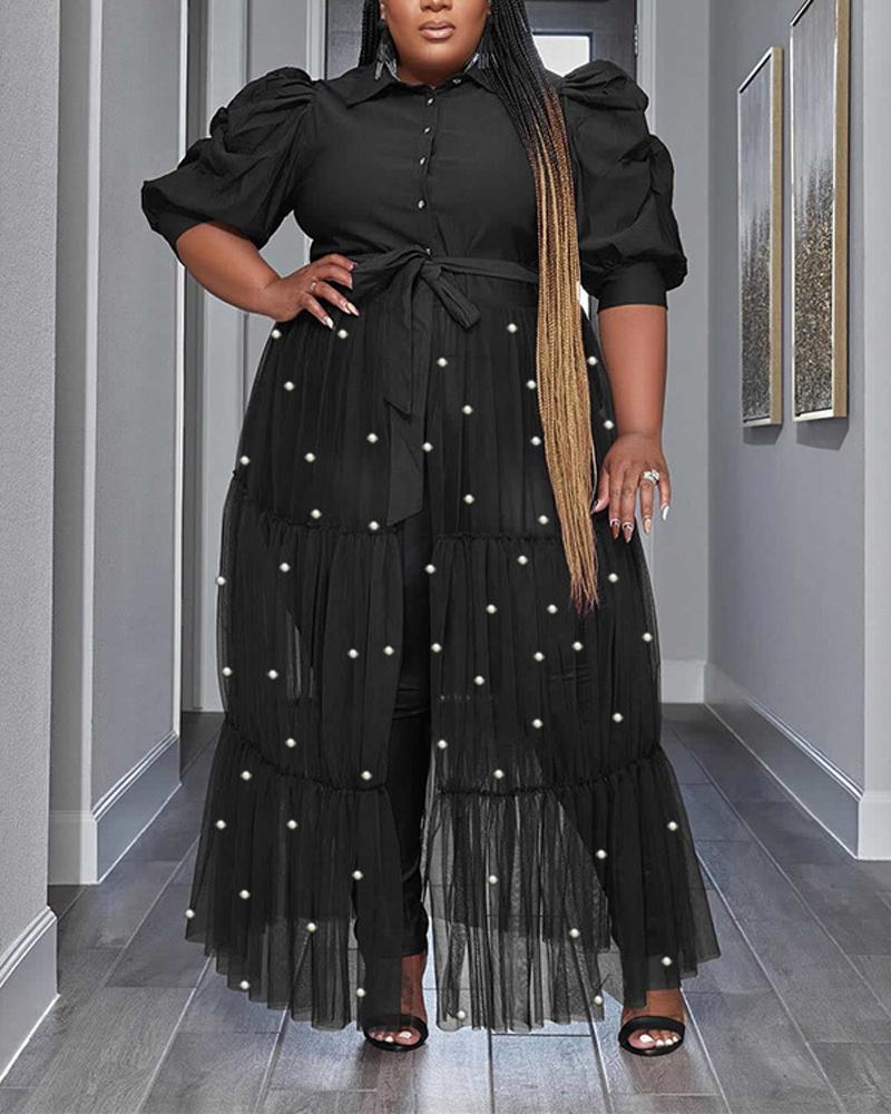 

Plus Size Beaded Decor Contrast Mesh Puff Sleeve Longline Top, Black