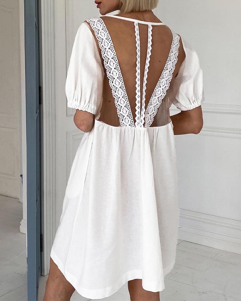

Contrast Lace Backless Casual Dress, White