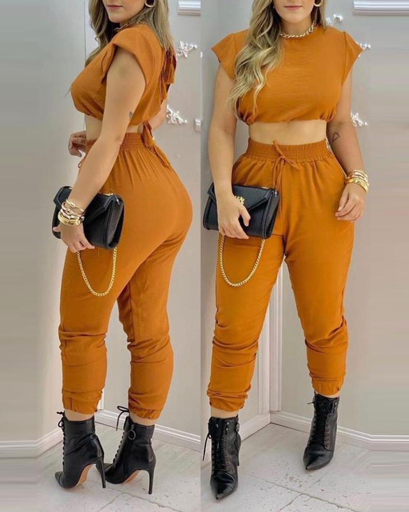 

Tied Back Tassel Design Crop Top & Drawstring Pants Set, Yellow