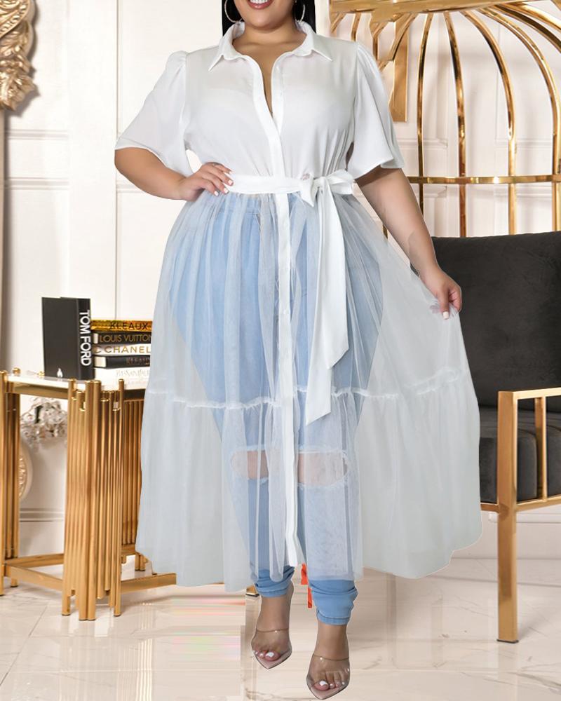 

Plus Size Contrast Mesh Button Front Shirt Dress, White