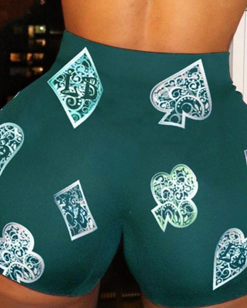 

Poker Print Skinny Short Yoga Pants, Green