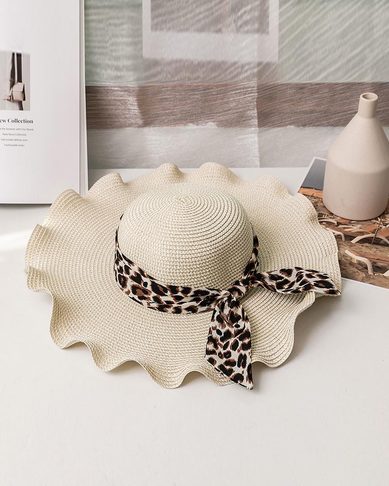

Leopard Print Bowknot Decor Straw Hat, Beige