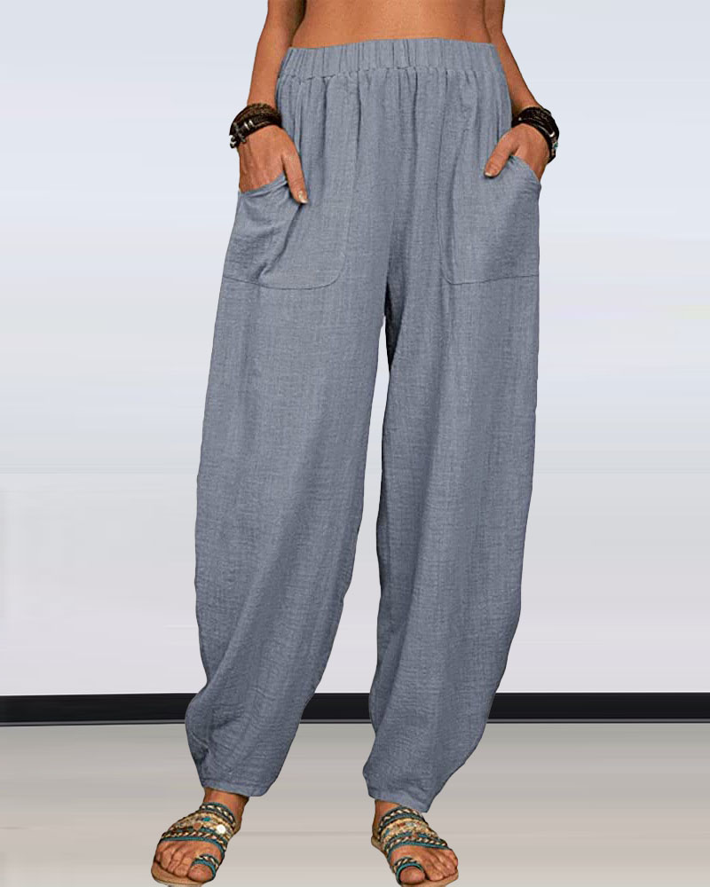 

Pocket Detail Elastic Waist Casual Pants, Gray