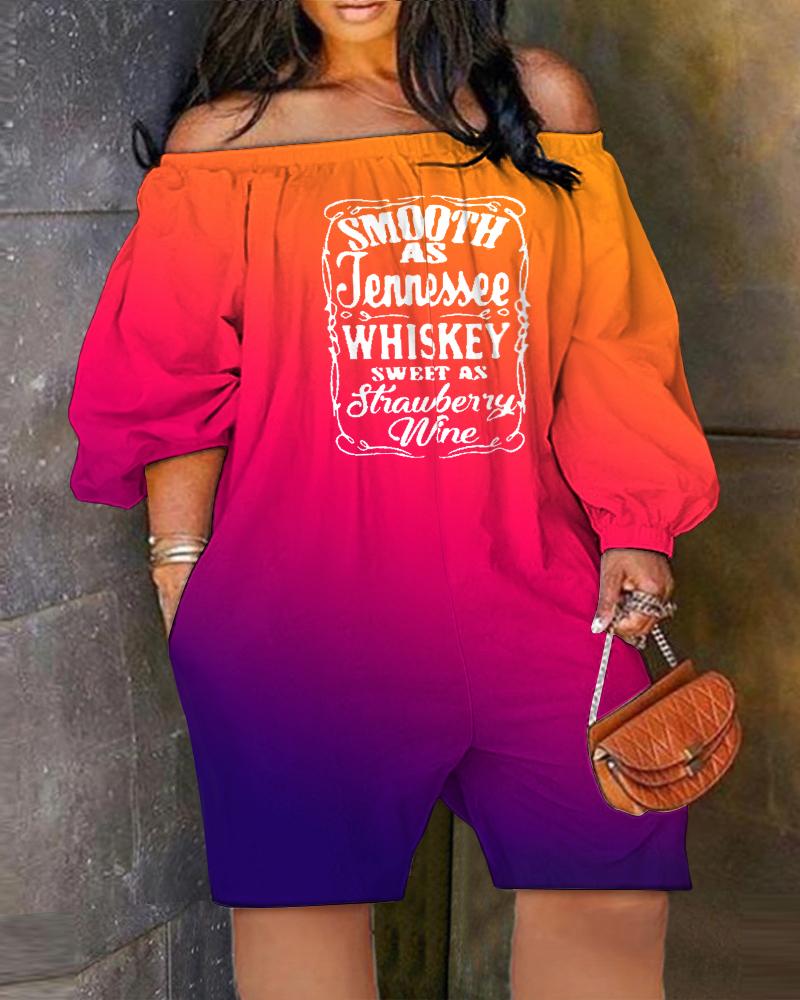 

Plus Size Smooth As Tennessee Whiskey Sweet As Strawberry Wine Print Off Shoulder Romper, Multicolor