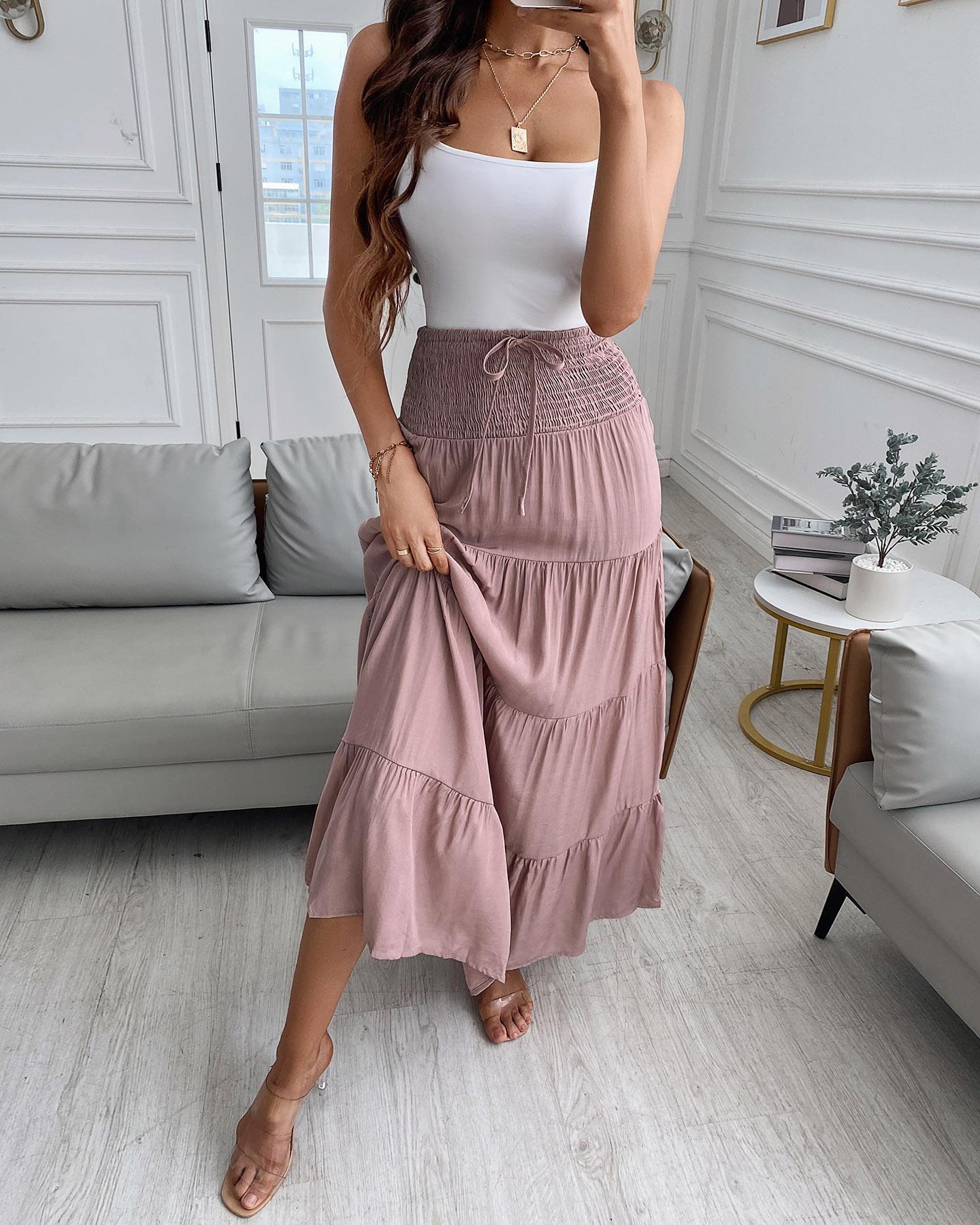 

High Waist Drawstring Shirring Detail Maxi Skirt, Khaki