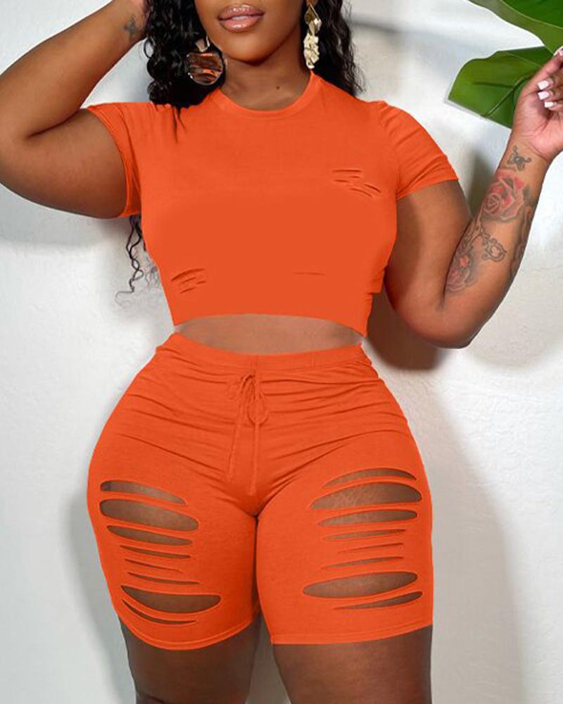 

Cutout Crop Top & Drawstring Shorts Set, Orange
