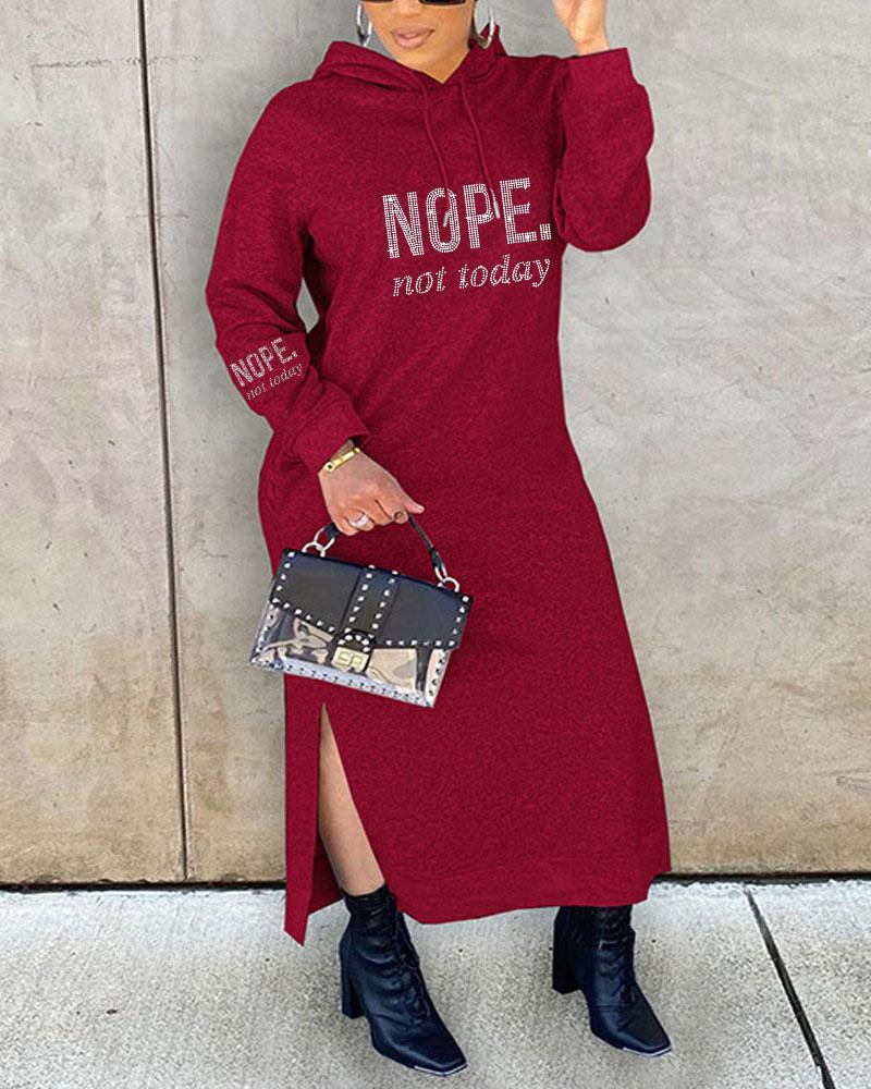 

Plus Size Rhinestone Nope Not Today Slogan Pattern Hooded Sweatshirt Dress, Wine red