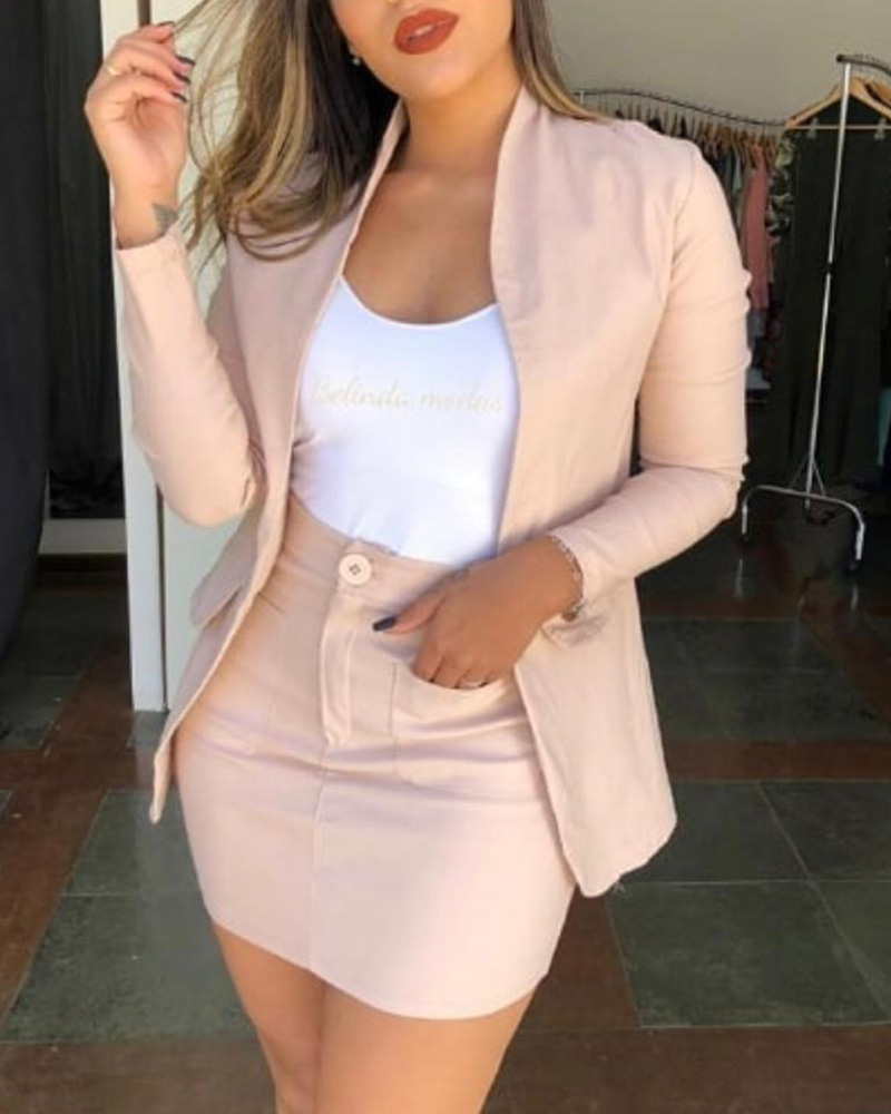

Long Sleeve Blazer Coat & Pockets Skirt Set, Pink