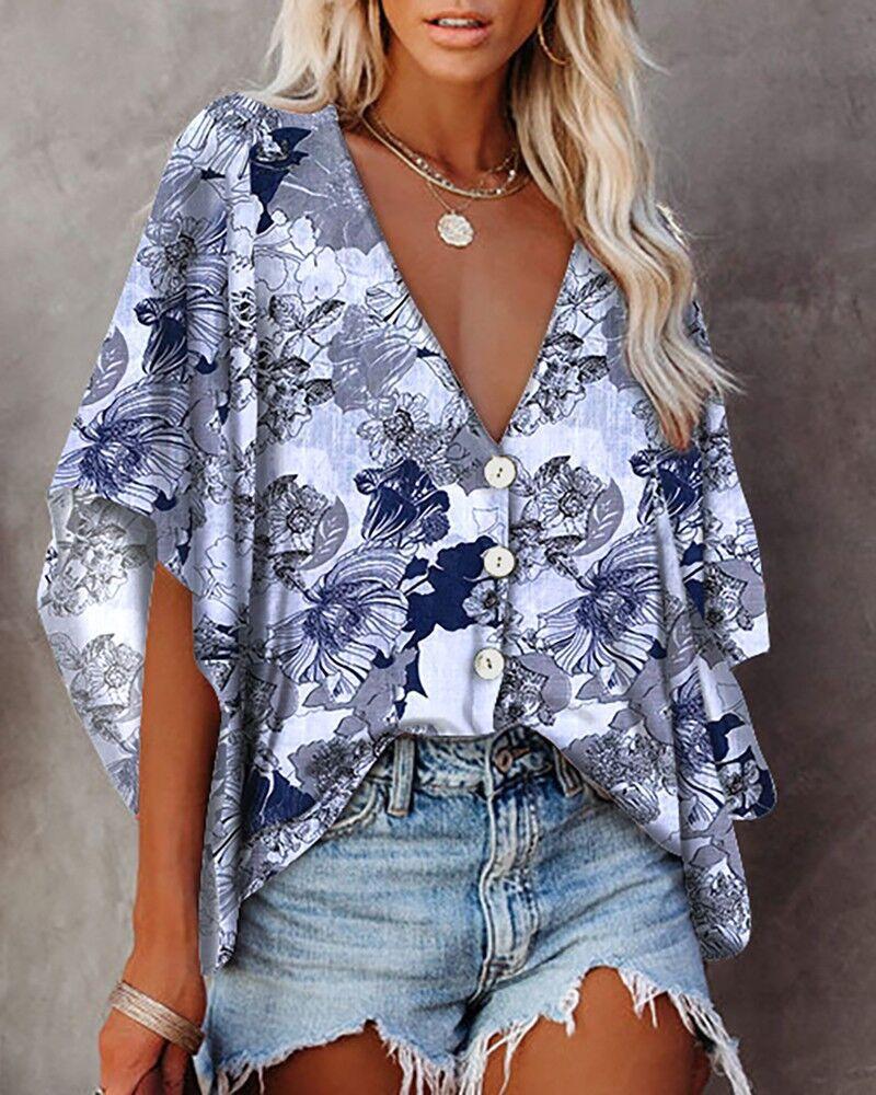 

Floral / Colorblock Button Front Ruffles Top, Purple