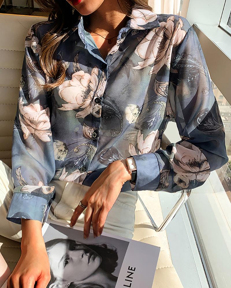 

Button Decor Floral Print Long Sleeve Top, Blue