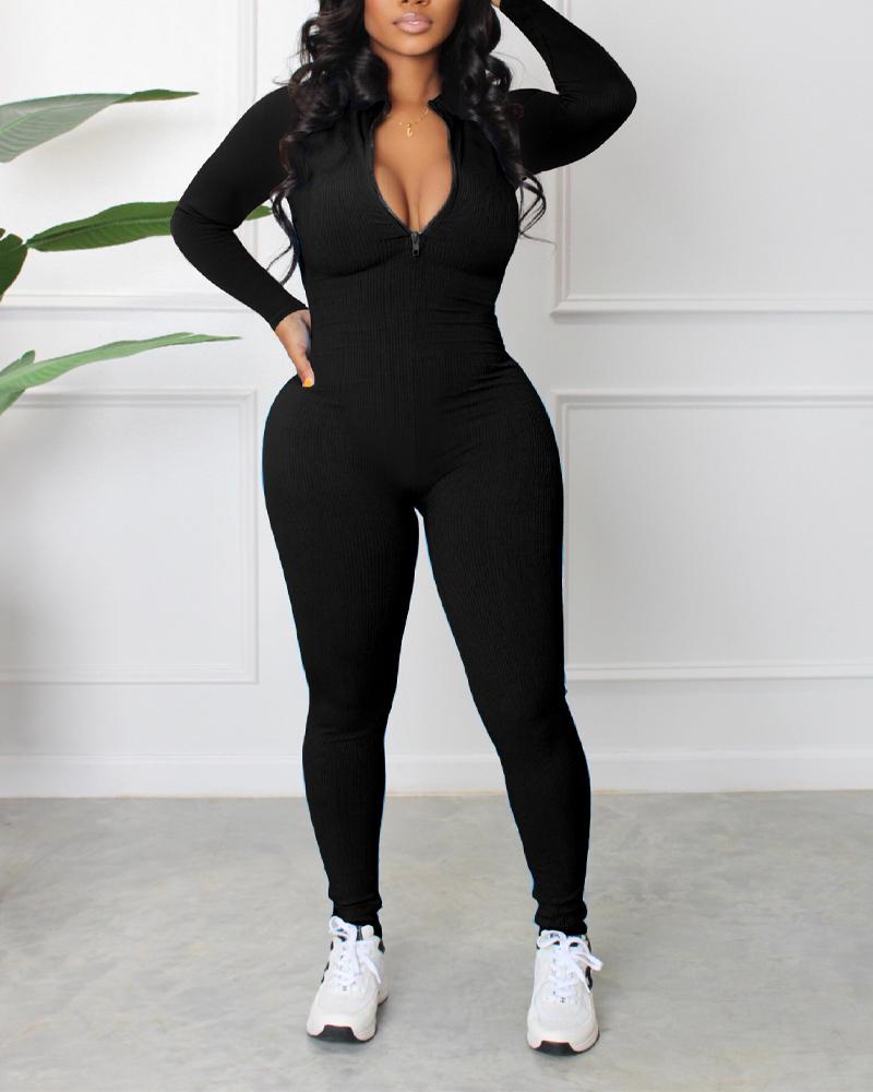 

Long Sleeve Zip Front Ribbed Jumpsuit, Black