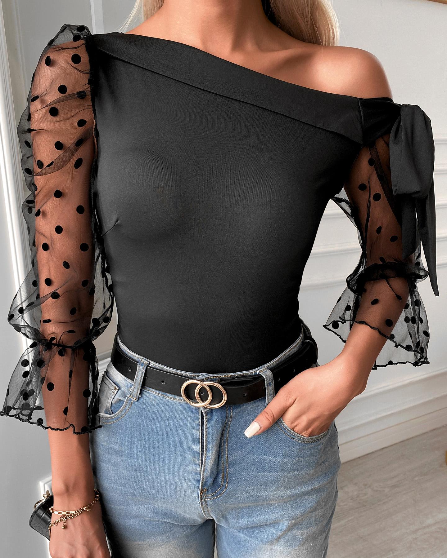 

One Shoulder Dot Mesh Tied Detail Bell Sleeve Top, Black