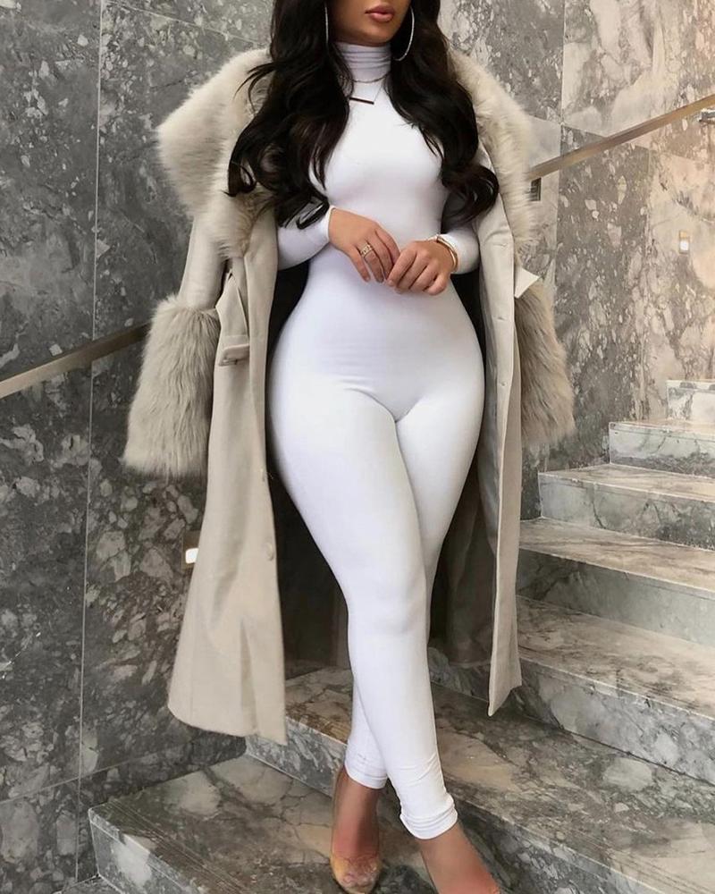 

High Neck Long Sleeve Skinny Jumpsuit, White