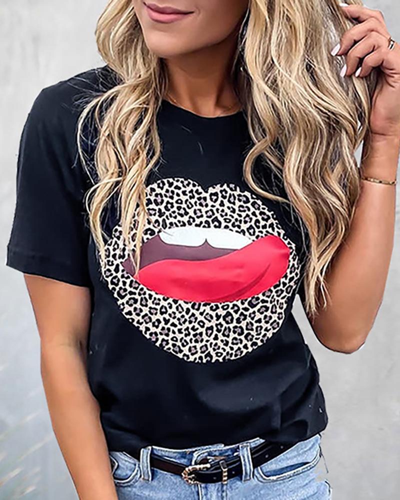 

Lip Leopard Print Short Sleeve T-shirt, Black