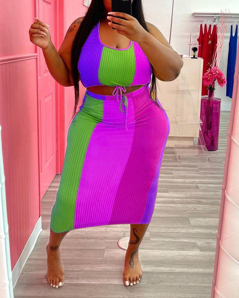 

Plus Size Colorblock Ribbed Crop Top & Skirt Set, Purple