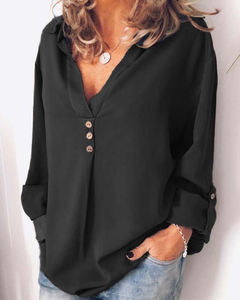 

Button Design V Neck Adjustable Sleeve Blouse, Black