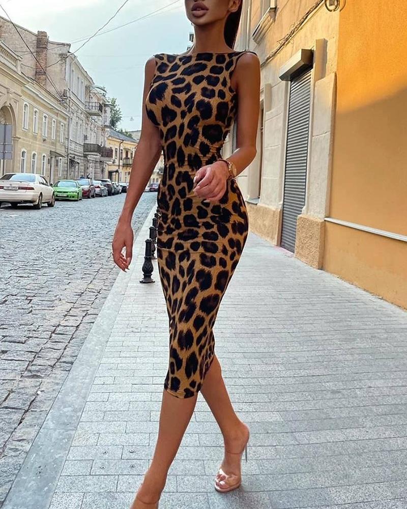 

Cheetah Print Sleeveless Backless Dress, Leopard