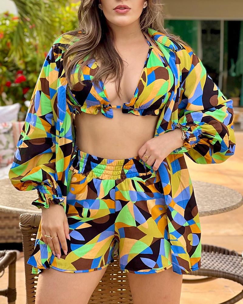 

Geometric Print Lantern Sleeve Top & Shorts Set With Bralette, Multicolor