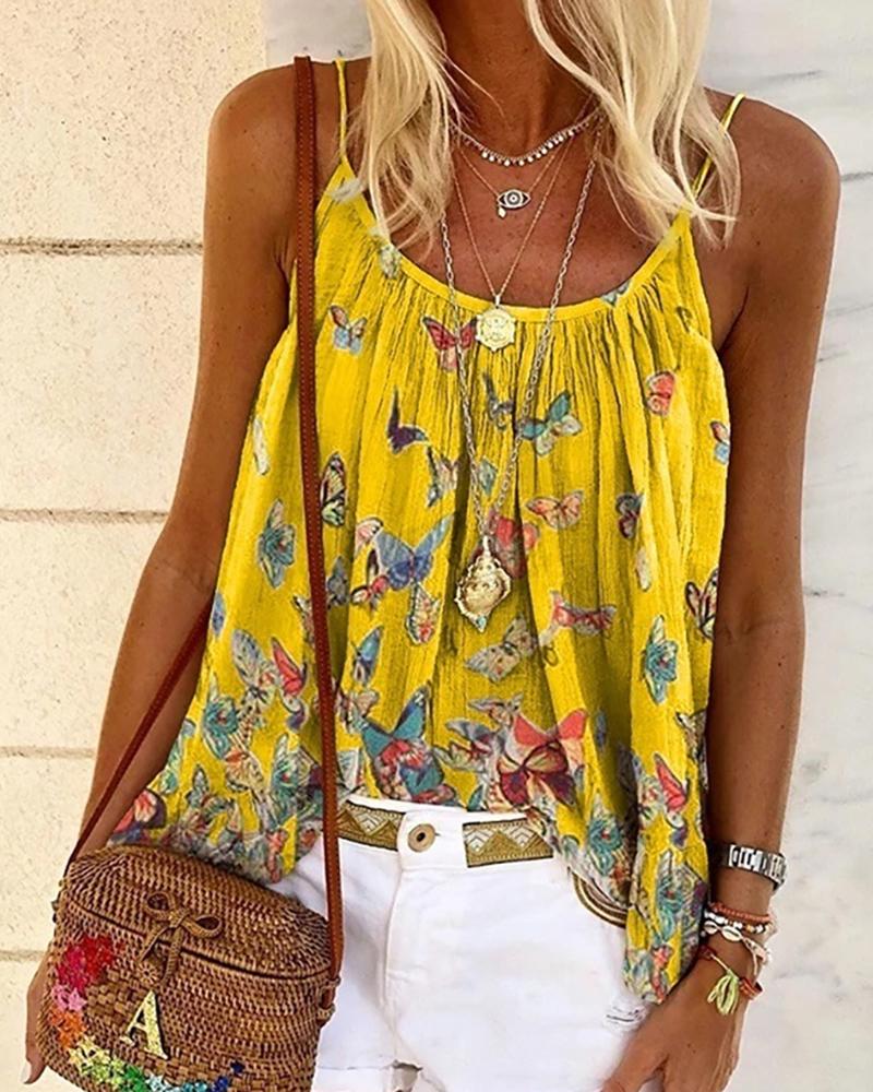 

Butterfly Print Spaghetti Strap Casual Top, Yellow