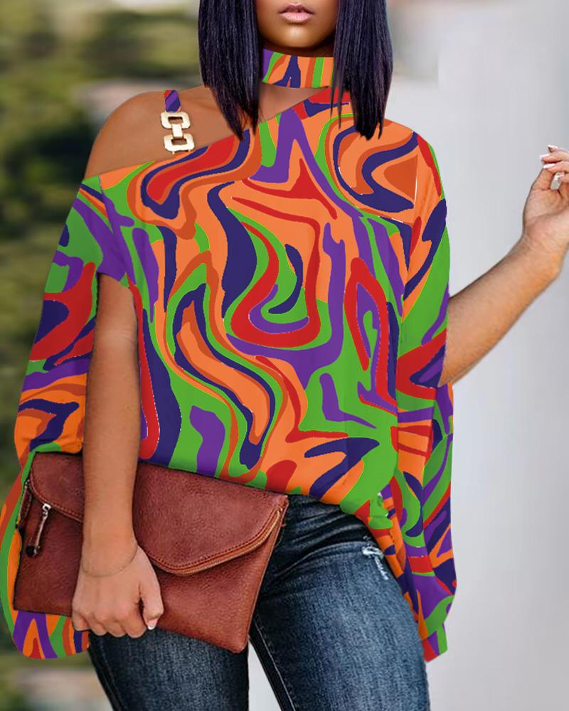 

Plus Size Abstract Print Cold Shoulder Chain Decor Top, Orange