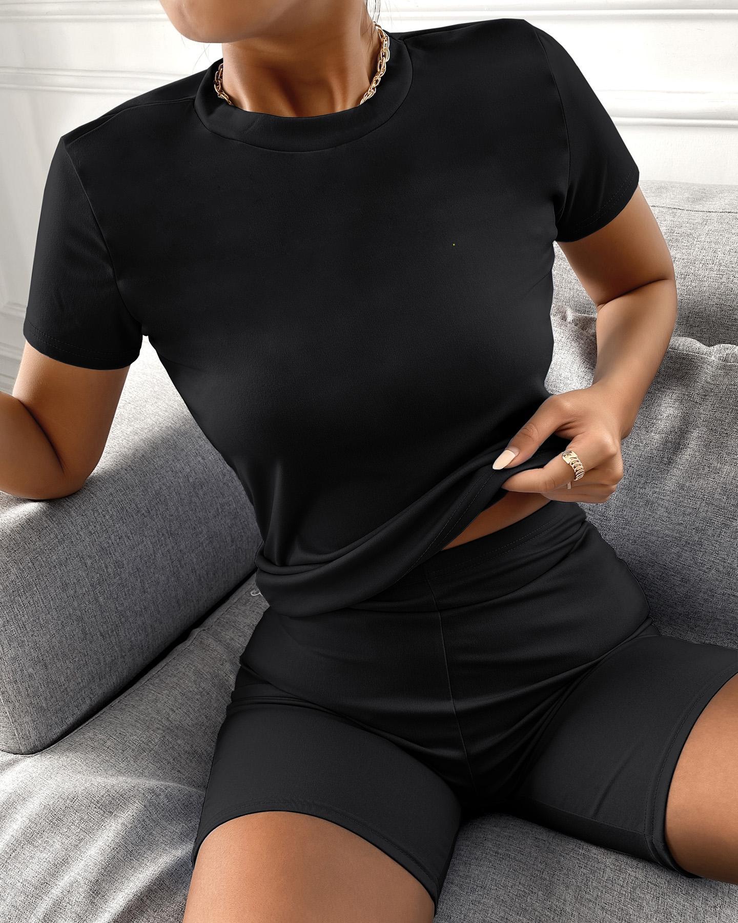 

Solid Short Sleeve Sporty Top & Short Set, Black