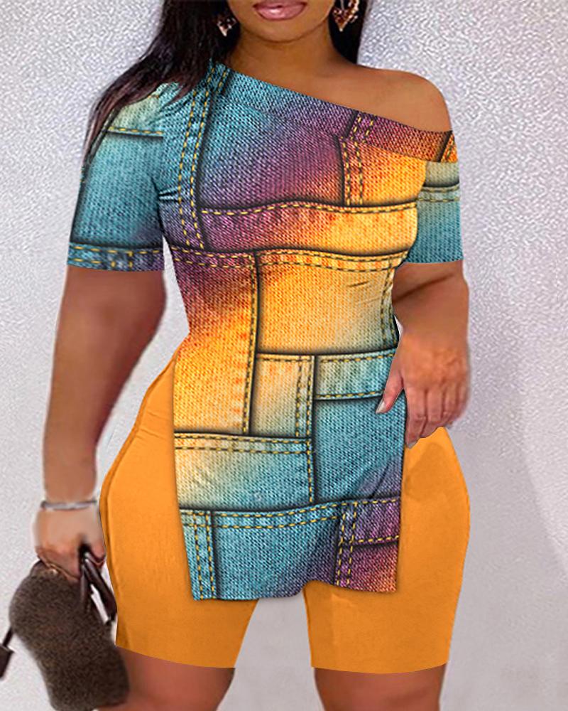 Plus Size Rainbow Ombre Denim Look Print Side Slit Top & Shorts Set