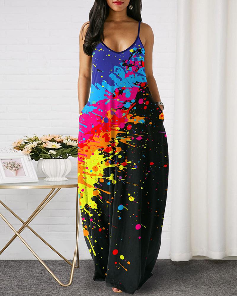 

Ink Splash / Colorblock / Palm Tree / Polkadot Print Pocket Design Maxi Dress, Style2