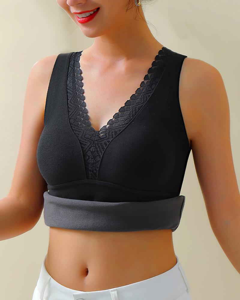 

Contrast Lace Warm Fleece Lined Padded Tank Top, Black