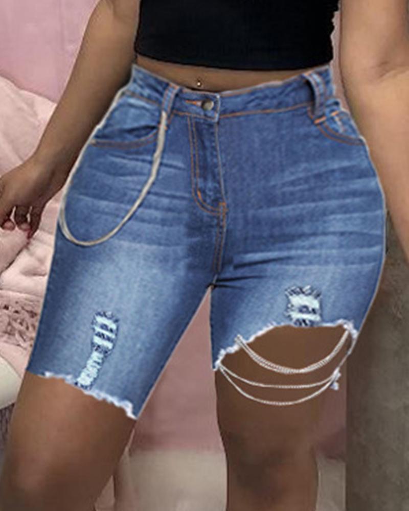 

Solid Color Washing Splicing Chain Ripped Jean Short Pants, Dark blue