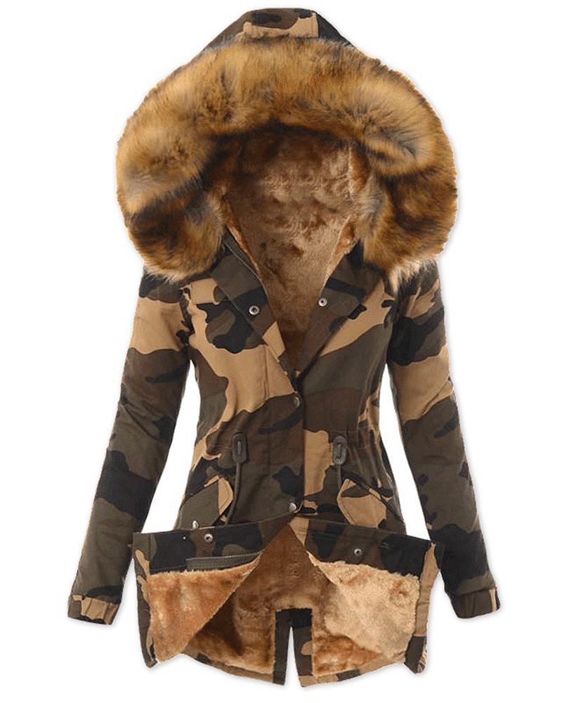 

Parka para mujer Abrigo largo de invierno informal Estampado de camuflaje Cordón con botones Forrado Chaqueta con cuello de piel con capucha, Brown