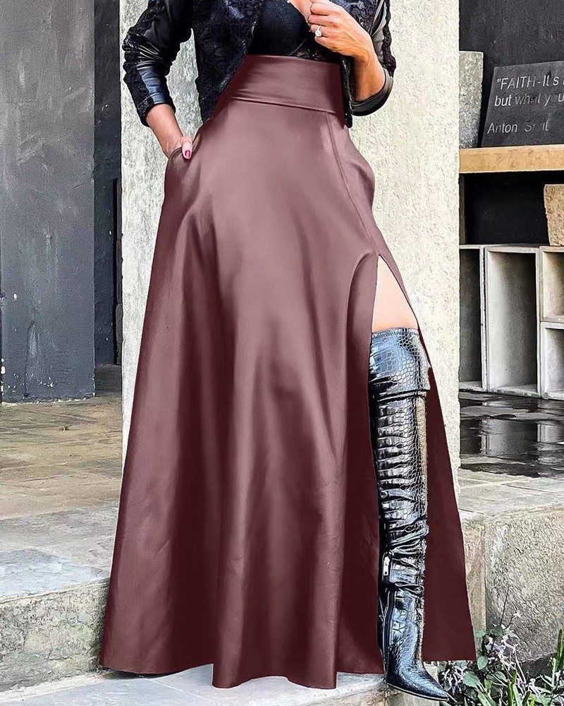 PU Leather Pocket Slit Midi Skirt without Belt