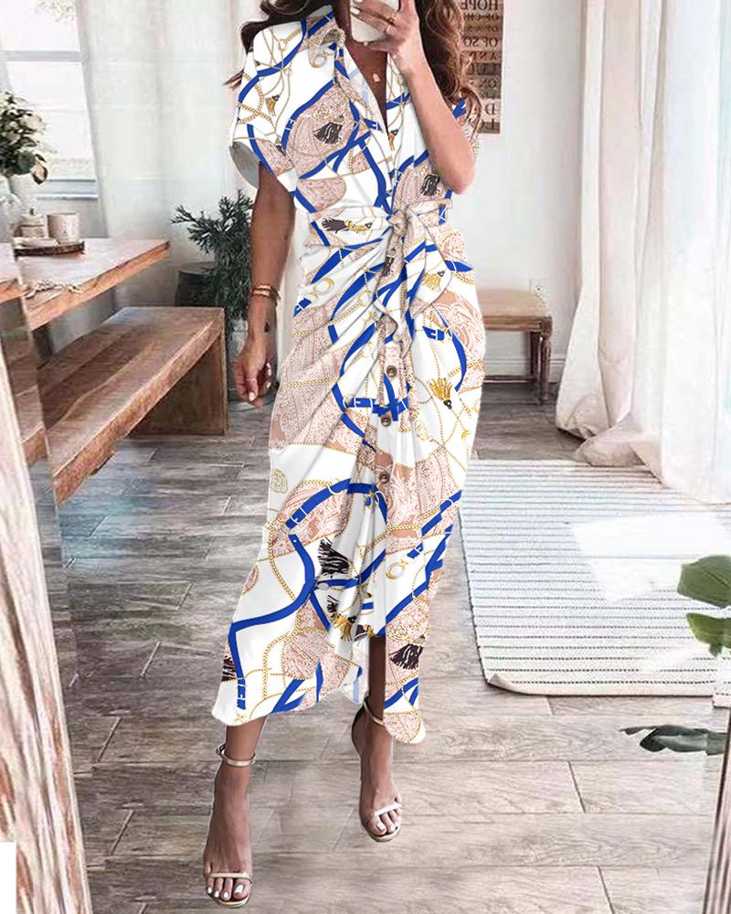 

Scarf Print Buttoned Belted Shirt Dress, Multicolor
