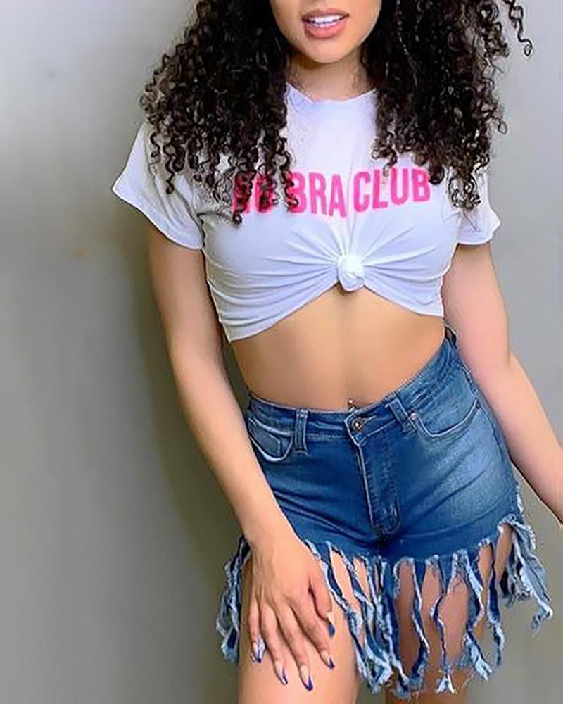 

Tassel Casual Straight Denim Shorts, Dark blue