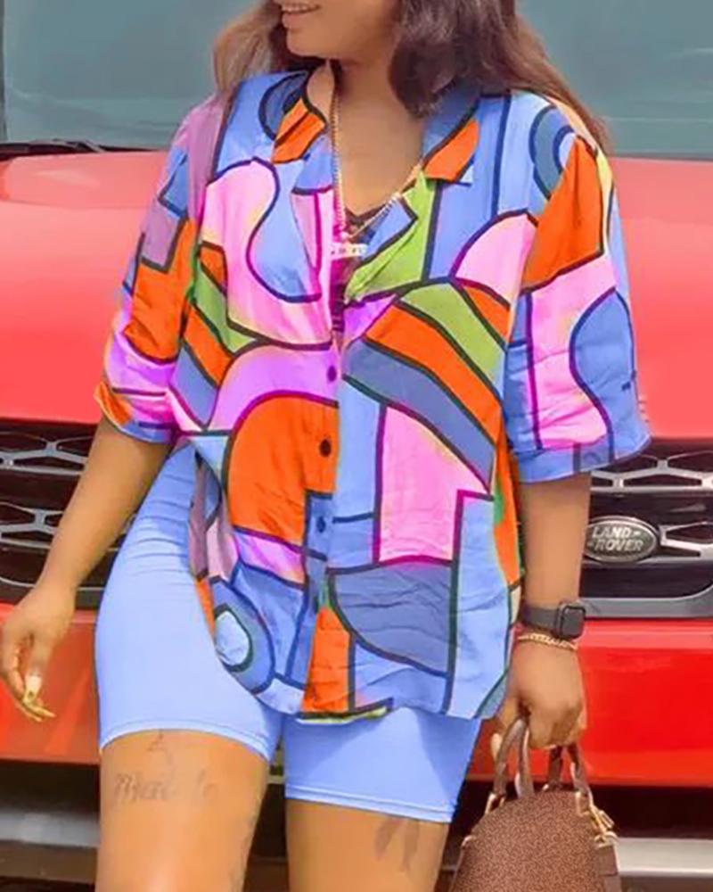 

Colorblock Half Sleeve Button Front Top & Short Sets, Blue
