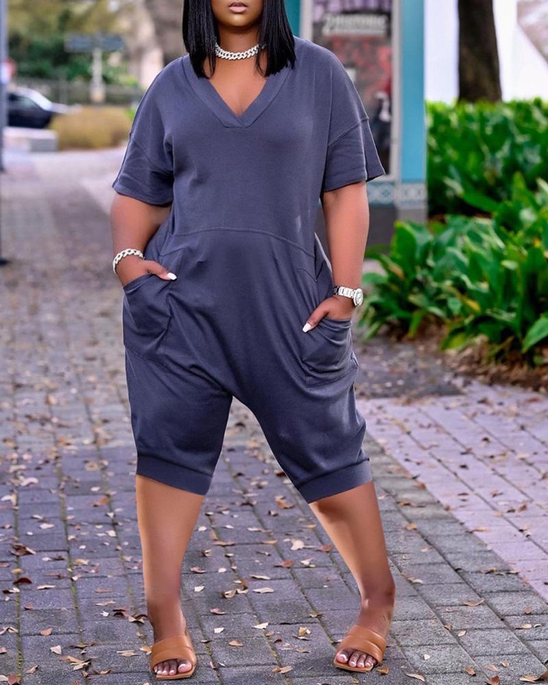 

Pocket Design Plain Short Sleeve Jumpsuit, Dark blue