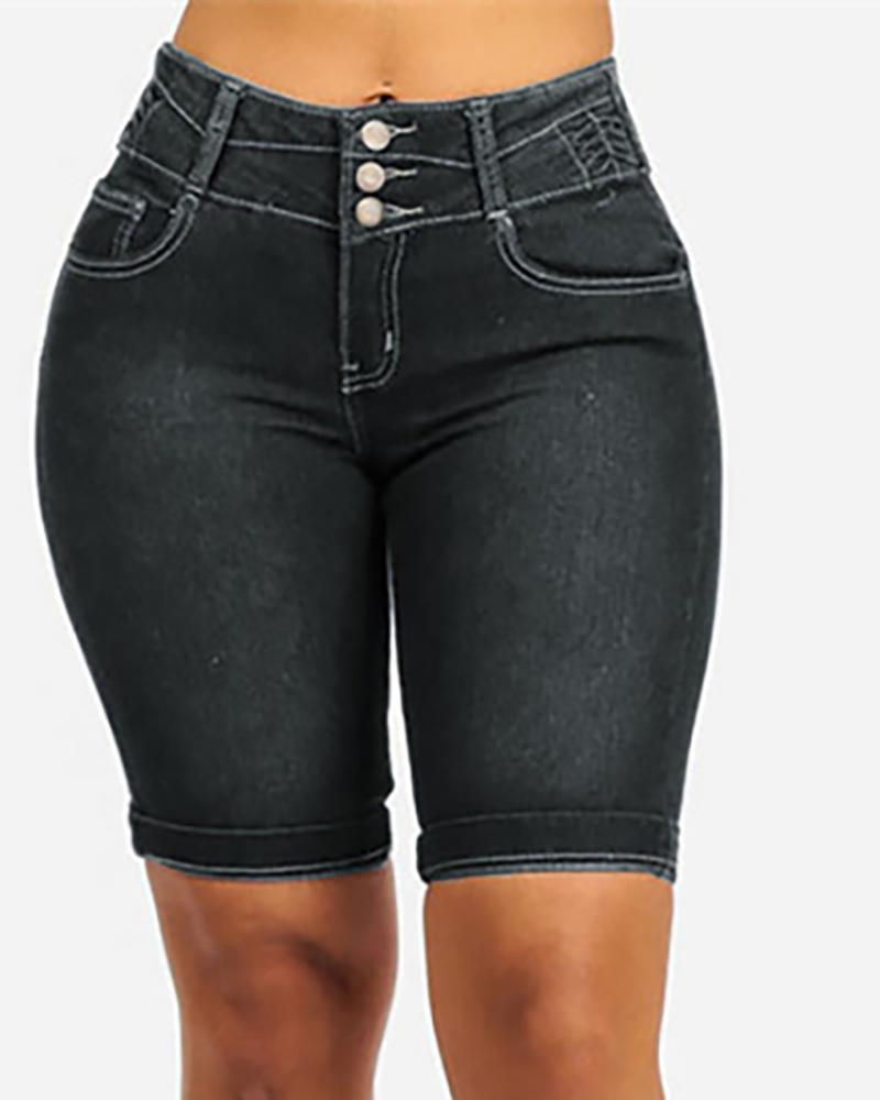 

Button Design High Waist Pockets Denim Shorts, Black