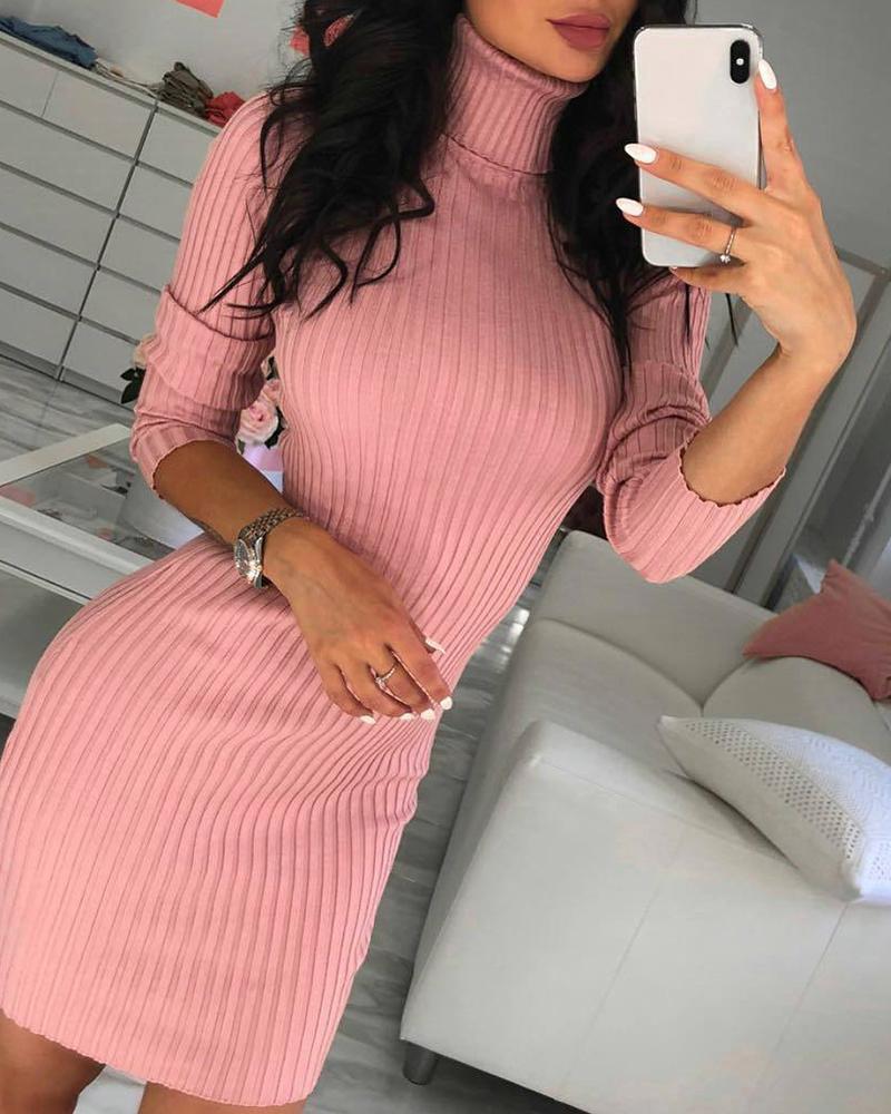 

Long Sleeve High Neck Sweater Dress, Pink