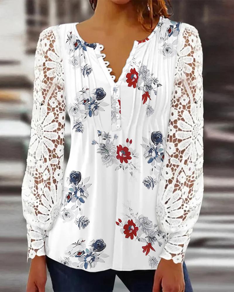 

Floral Print Contrast Lace Long Sleeve Top, White