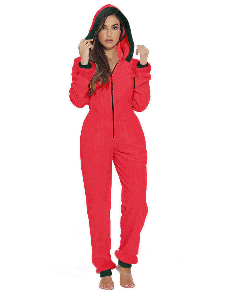 

Christmas Zip Front Fluffy Hooded Adult Onesie, Red