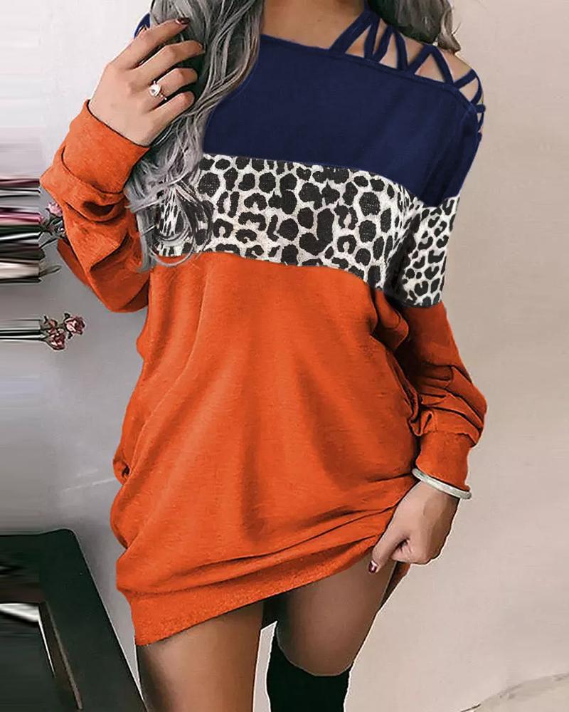

Contrast Leopard Colorblock Cold Shoulder Casual Dress, Orange