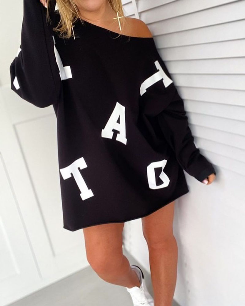 

Letter Print Long Sleeve Casual Top, Black