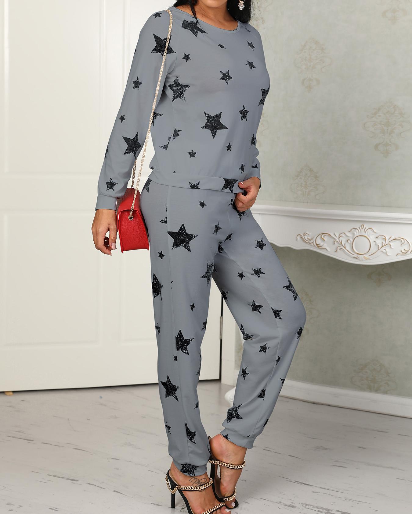 

Star Print Casual Pantsuit, Gray